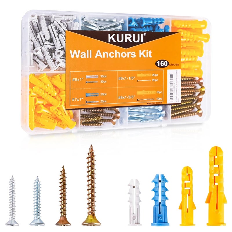 KURUI Wall Anchors Kit for Hanging Wall Art Decor, 160Pcs Drywall Anchors Assortment Kit for Frame Shelf Decorations, Plant Hooks, 80 Screws and 80 Plugs, Picture Hangers for Dry Wall Concrete Brick - Image 1